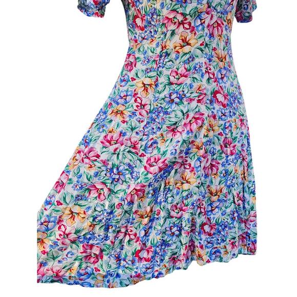 Colorful Floral Midi Lace Up Flowy Rayon Summer Ditsy Vacation Skater Dress Sz S - Picture 6 of 8